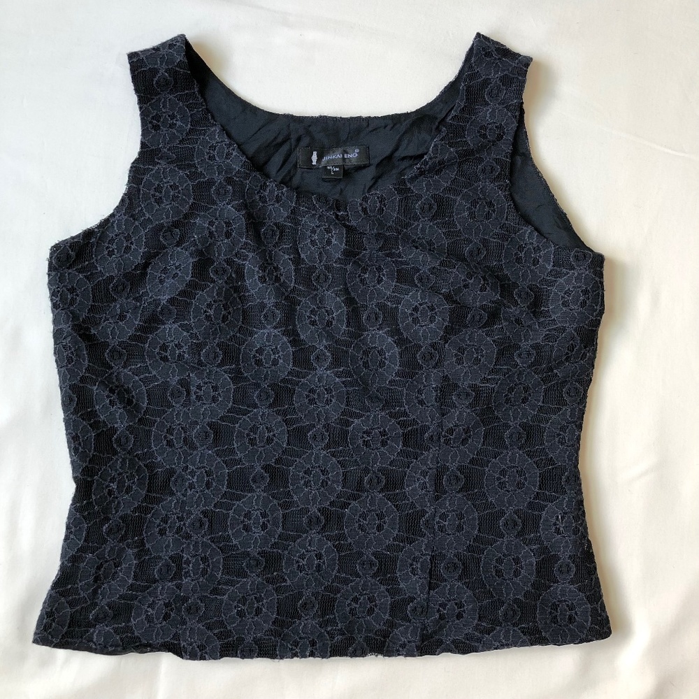Women Girl Black Lace Cropped Sleeveless Wide Strap Tank Top Scoop Neck Vest S M